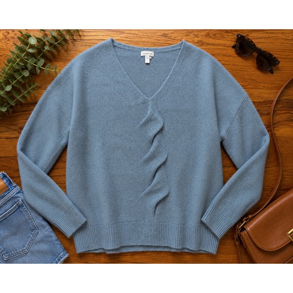 Garnet Hill Sweaters - Garnet Hill 100% Cashmere V-Neck Sweater Dusty Blue Twisted Front Relaxed Large